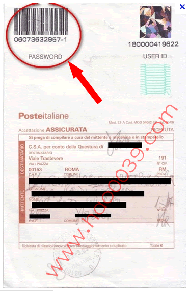 邮局居留回执单上 PASSWORD 查询号码的位置